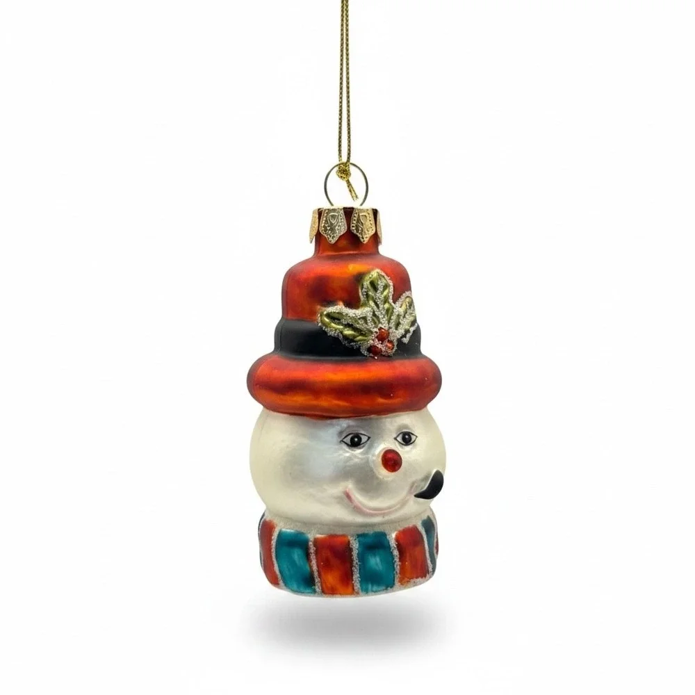 Vintage Blown Glass Snowman Head Christmas Ornament Top Hat Retro Pipe Holly